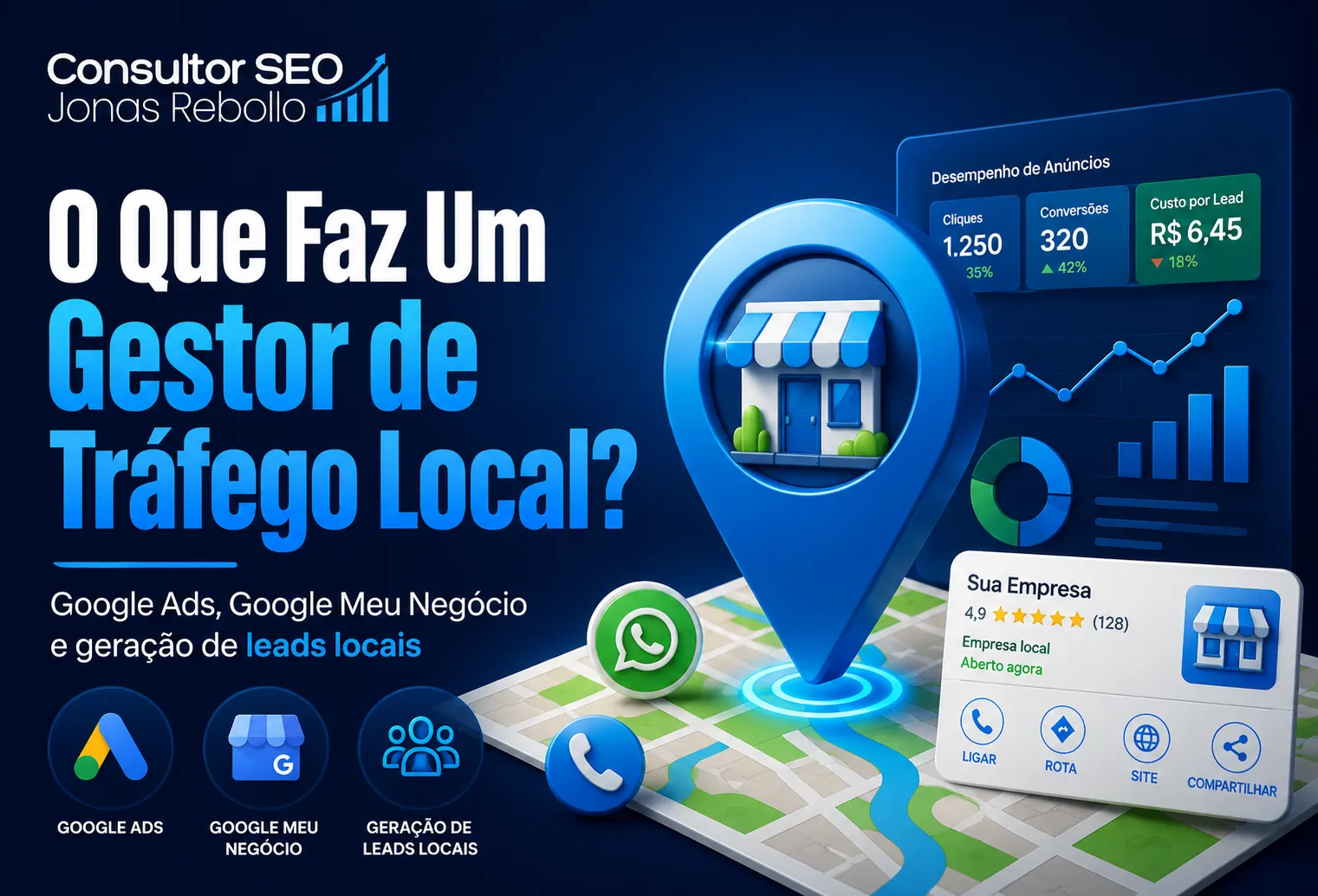 Imagem ilustrativa sobre o que faz um gestor de tráfego local com Google Ads, Google Meu Negócio e geração de leads locais